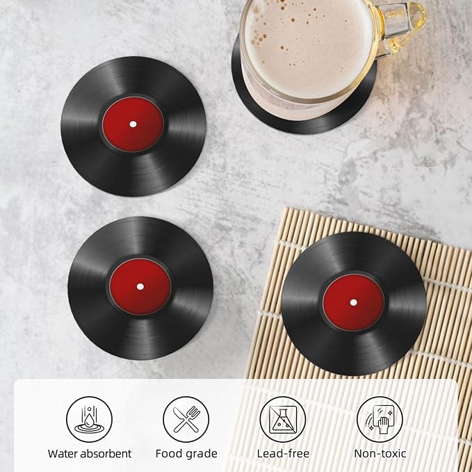 Music Vinyl Record Coasters Set of 4, Absorbent Ceramic Drink Coasters Cup Mat - Image 5