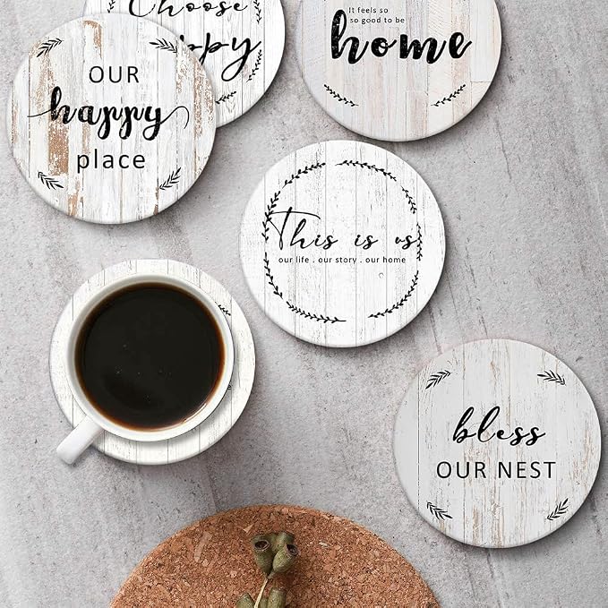 Coasters for Drinks, Ceramic Stone Grey Wood | Absorbent Round Table Mat - Image 4