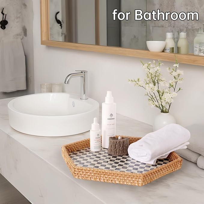 Hexagon Rattan Tray with Mother of Pearl Inlay, Rattan Serving Tray - Image 8