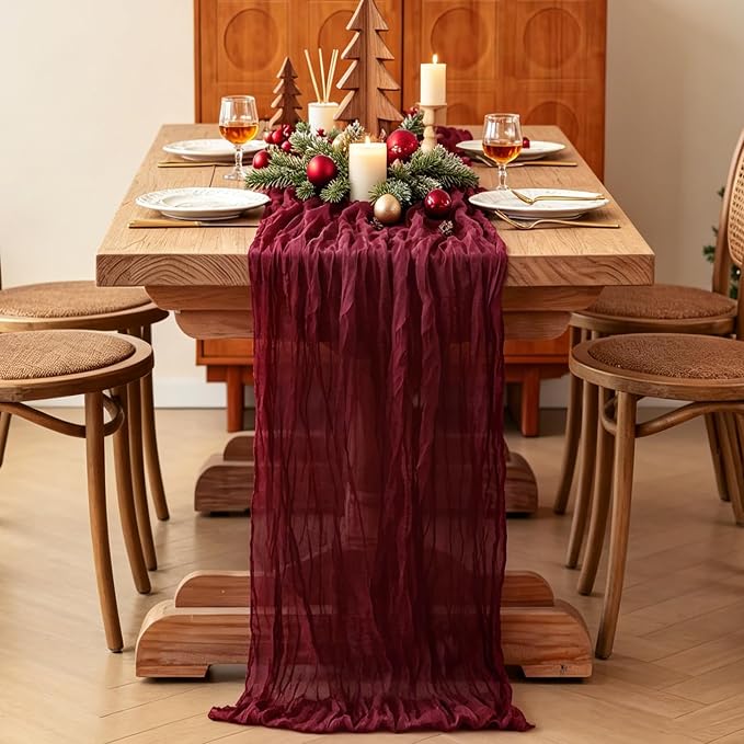 Burgundy Table Runner, 10FT Boho Rustic Burgundy Maroon Table Runner 120inch - Image 4