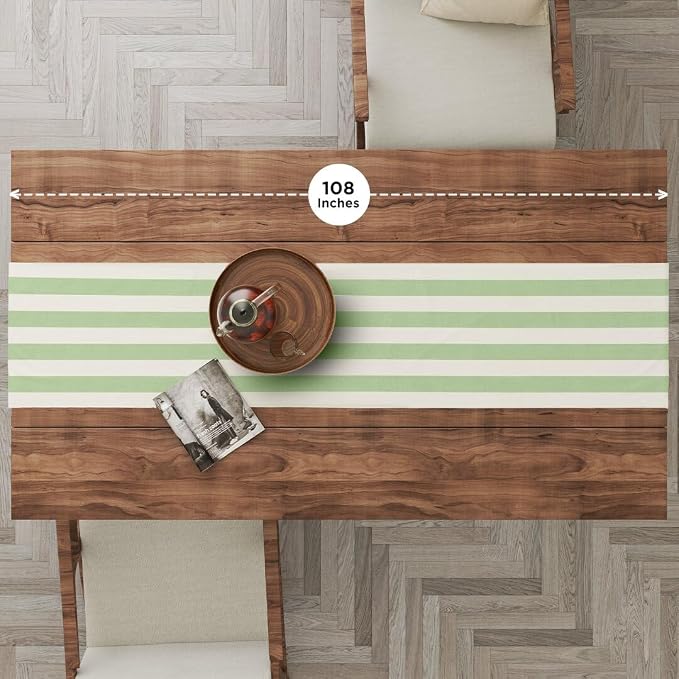 Folkulture Fall Table Runner 108 Inches Long | White & Sage Green Striped | - Image 2