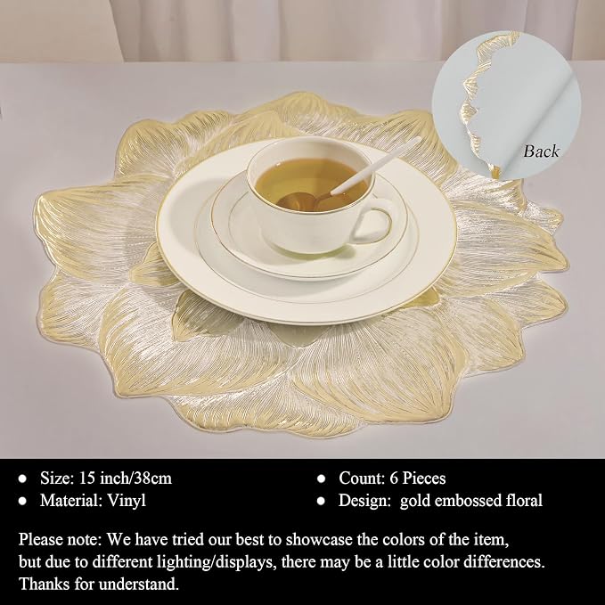 Gold Placemats Set of 6, Creative 3D Flower Placemats Waterproof Oil-Proof | - Image 2