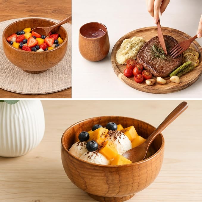 12 Pcs Acacia Wood Dinnerware Set 10 Inch Round Wooden Plates Bowls Tea Cups - Image 3
