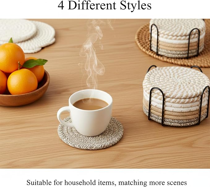 Drink Coasters Set of 8 with Holder, Cotton Woven | Absorbent cotton woven - Image 2