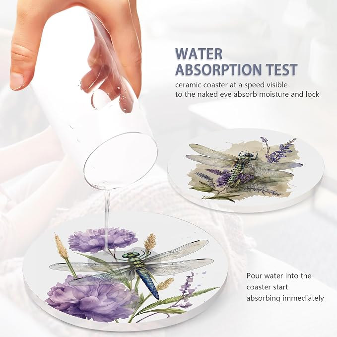 Coaster for Drinks Set of 6, Dragonfly Flower Absorbing Round Ceramic Stone - Image 5