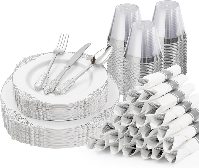 Bestluck 175PCS White Silver Disposable Dinnerware by Bestluck