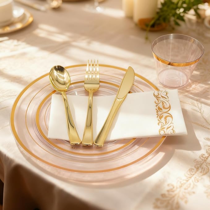 AIRE Gold Pink Plastic Plates Set, sturdy leakproof cutlery, fancy party - Image 3