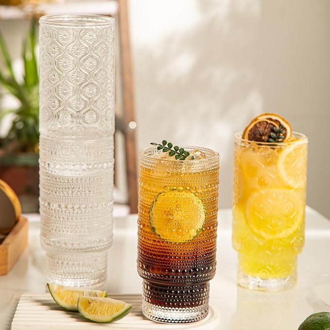 16oz Drinking Glasses Set of 4, 2 Hobnail Glasses & 2 Embossed Water Goblets - Image 3