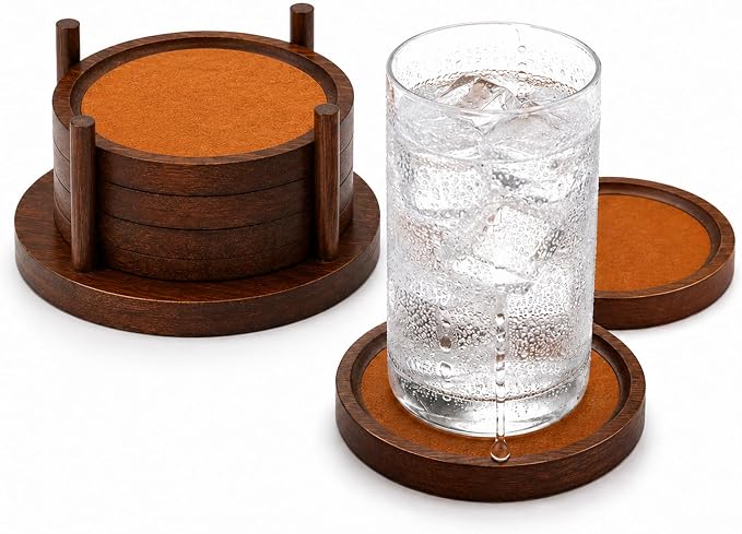 MinBoo Bamboo Coasters for Coffee Table Set of 4 Coasters for Drinks Absorbent by MinBoo