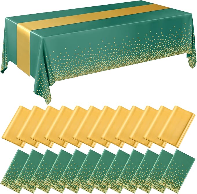 24 Pack Green and Gold Disposable Plastic Tablecloths and Satin Table Runner Set by Breling