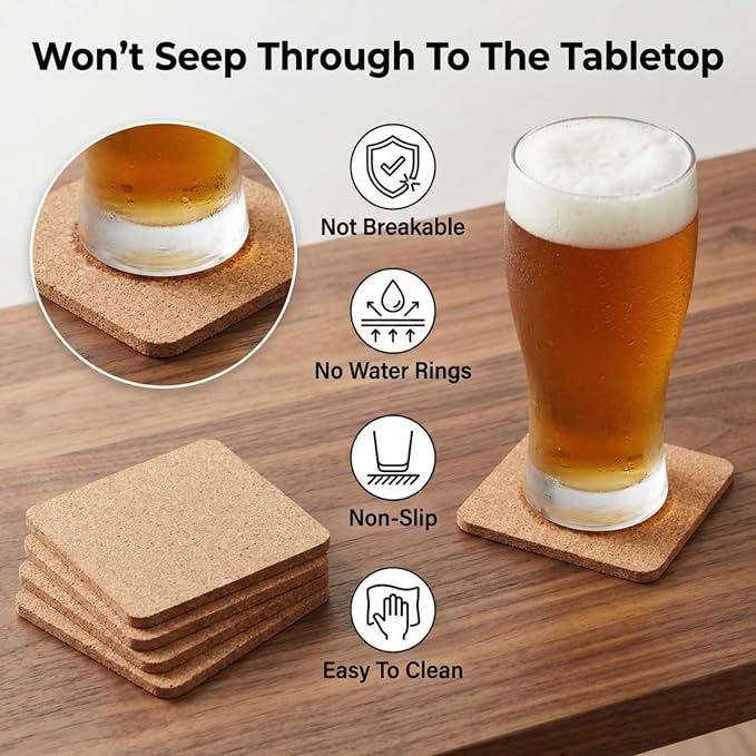 Tebery 30 Pack 4 Inch Square Cork Coasters, 0.2'' Thick Absorbent Drink Pads - Image 3