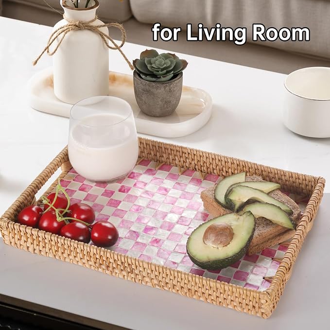 Rectangle Rattan Tray with Mother of Pearl Inlay, Rattan Serving Tray with - Image 5