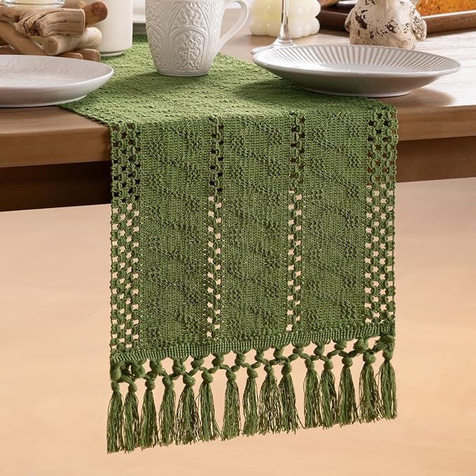 MLMW Boho Olive Green Table Runner 60 inches Small Coffee Table Runner Green - Image 3