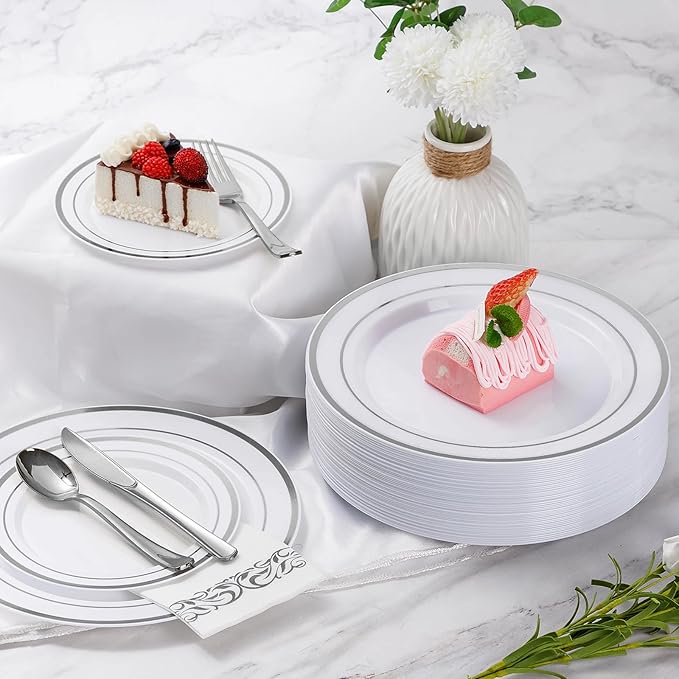 350 Pcs Silver Dinnerware Sets for 50 Guests, Disposable Plate Set | Plastic - Image 5