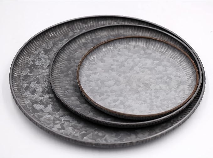 Funerom Round Galvanized Metal Tray Decorative Tray Corrugated Edges - Image 4