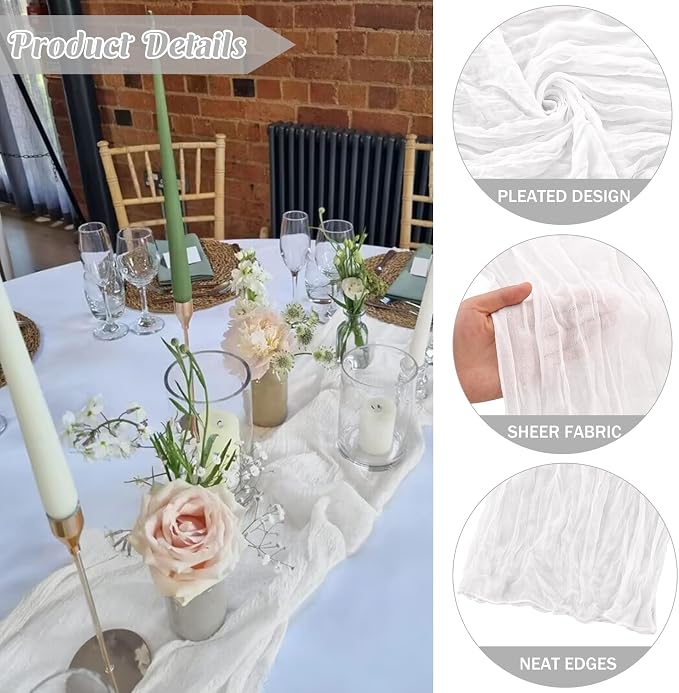 White 10FT Cheesecloth Table Runner Boho Gauze Fabric Table Runner Rustic Sheer - Image 2