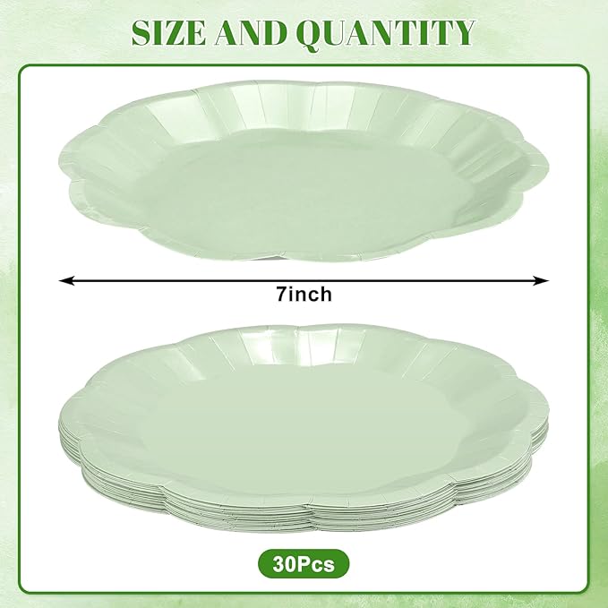 NatNarr 30pcs Sage Green Paper Plates, 7inch Scalloped Small Dessert Cake - Image 2