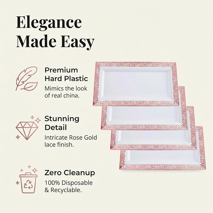 Yumchikel-Plastic Serving Tray & Platter Set White & Rose Gold Lace Disposable - Image 4