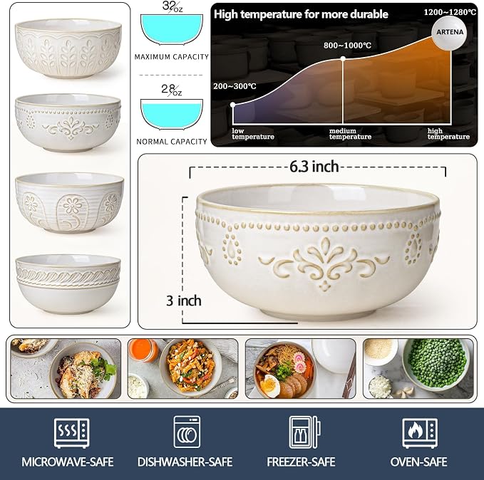 Soup Bowls 32 OZ, Cereal Bowls Set of 4, Embossment Ceramic Ramen Bowl - Image 2