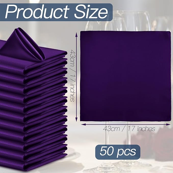 P Pothuiny 50 Pcs Purple Satin Napkins 17 x 17 Inch, Satin Cloth Napkins | - Image 2