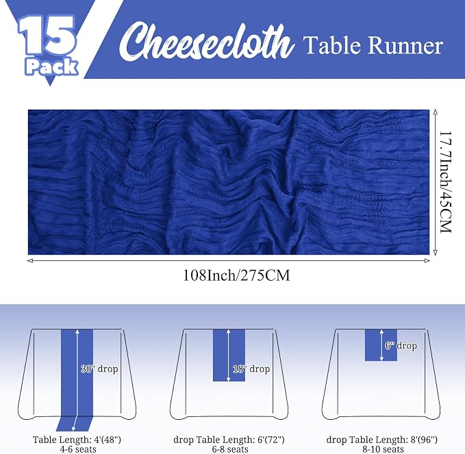 15 Pack Royal Blue Table Runners 17 x 108inch Cheesecloth Table Runner Boho - Image 2