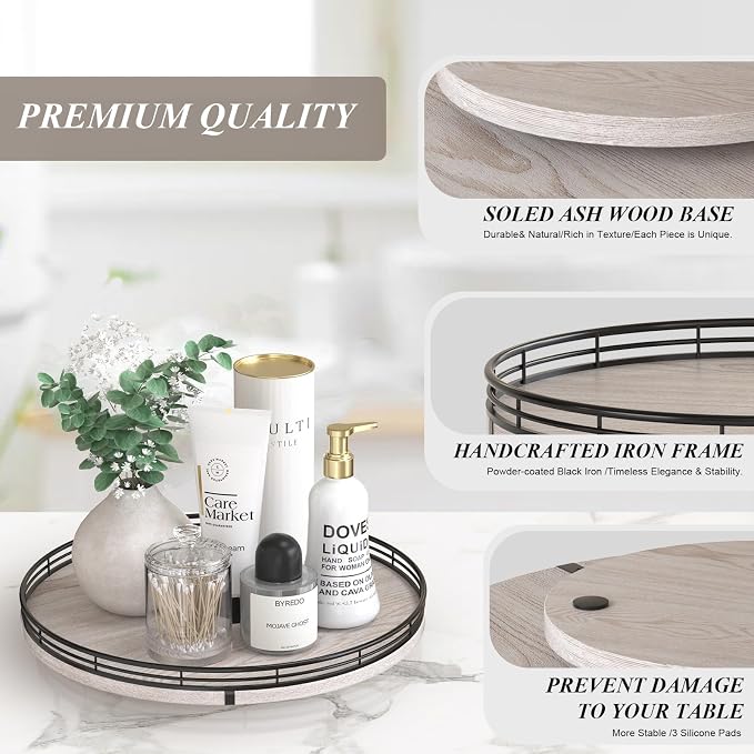 AMH 13-Inch Rustic Whitewashed Oak Lazy Susan Vanity Tray | Smooth rotating oak - Image 5