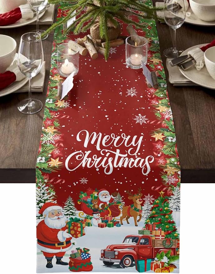 Merry Christmas Table Runner 90 Inches Long, Santa Xmas Tree Snowflake Table by Unknown