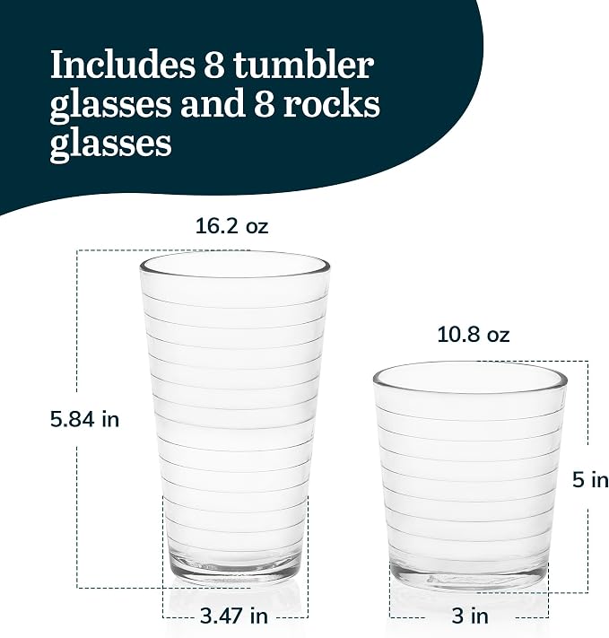 Libbey Hoops Tumbler and Rock Glass Set, Two Sized Nostalgic Retro Glass Cups - Image 3