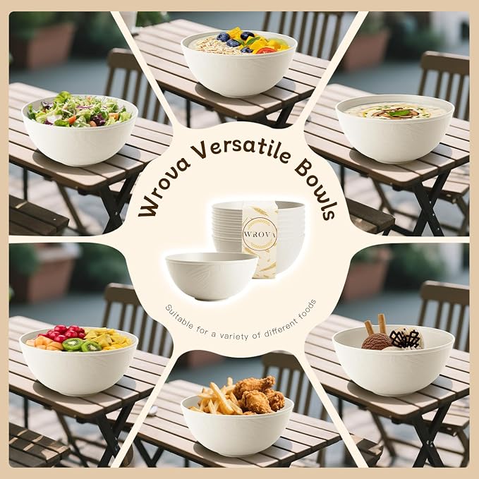 Beige Wheat Straw Bowls for Cereal and Salad, Alternative Plastic Bowls Set of 6 - Image 5