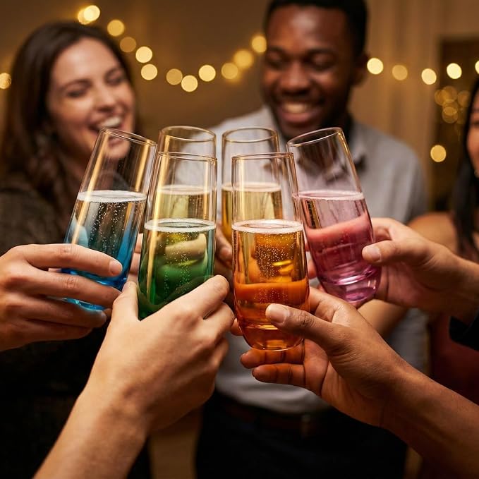 ColoVie Stemless Champagne Flutes set of 6, Colored Bar Glassware, Cocktail | - Image 3