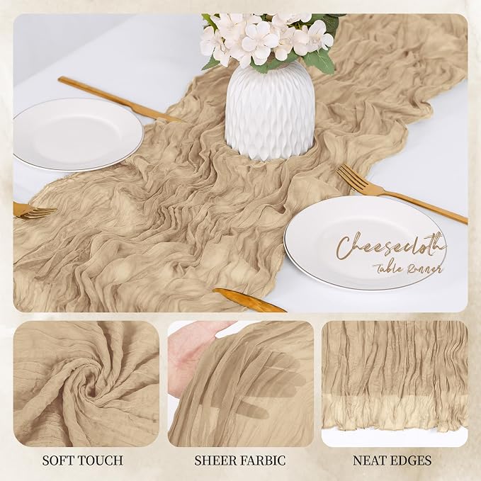 6 Pack Beige Cheesecloth Table Runner 17x108 Inch Semi Sheer Boho Gauze Cheese - Image 3