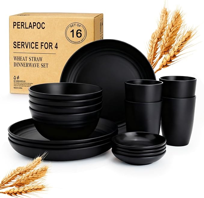 Wheat Straw Dinnerware Sets 16 PCS, Unbreakable Kids Plates and Bowls by Perlapoc