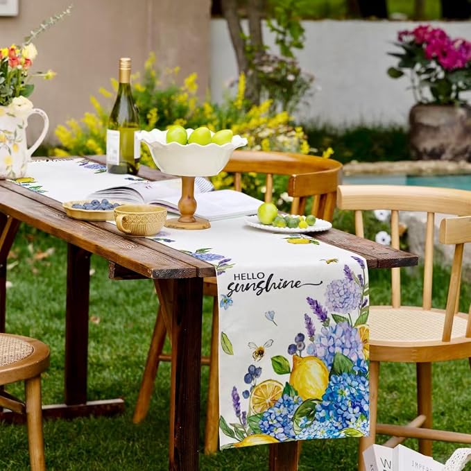 Summer Lemon Table Runner Hydrangeas Burlap Table Runners - Image 6
