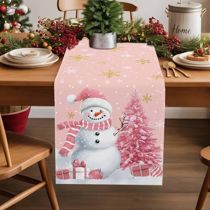 Pink Christmas Snowman Short Table Runners 48 Inches, Cotton Linen Fabric - Image 5