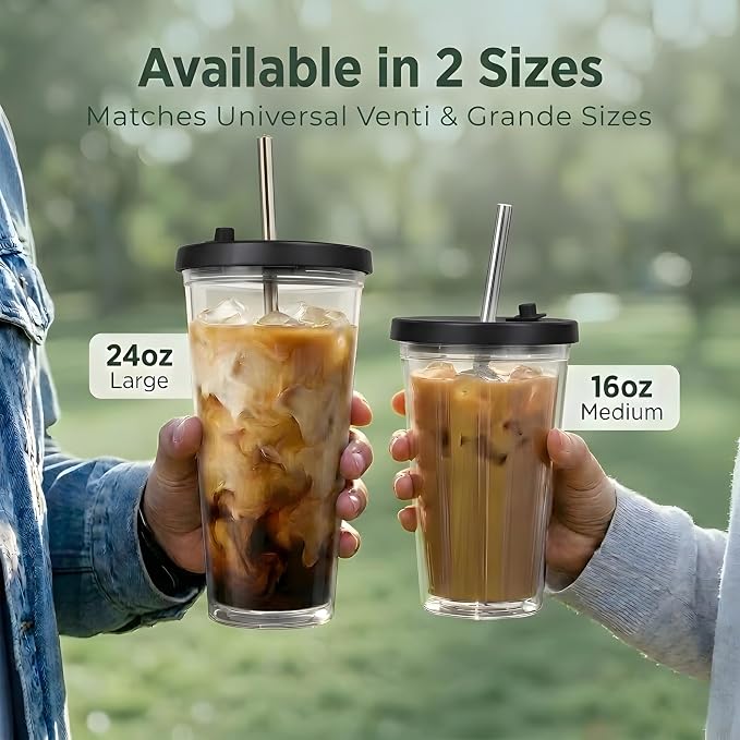 Reusable Iced Coffee Cup with Lid and Straw, 24 oz/Venti, BPA-Free Double-Wall - Image 5
