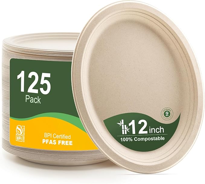 WELLIFE 100% Compostable Oval Paper Plates 12 Inch 125-Pack Large Plates | by WELLIFE
