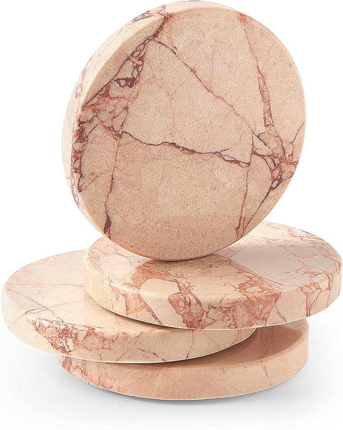Natural Marble Coaster Set of 4.Round Drinks Coasters, Non-Ceramic/Non-Resin | by STAVORAE
