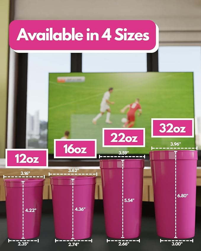 PartyPrints 100 Pack Small 10 to 12 oz Neon Pink Reusable Blank Plastic Cups - Image 4