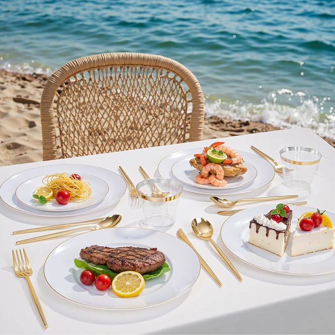 bUCLA 150PCS White and Gold Plastic Plates Disposable - Image 9