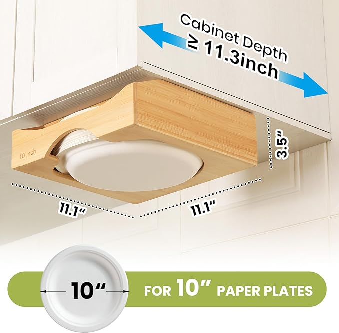 10-inch Paper Plate Dispenser Under Cabinet, Bamboo Paper Plate Holders - Image 2