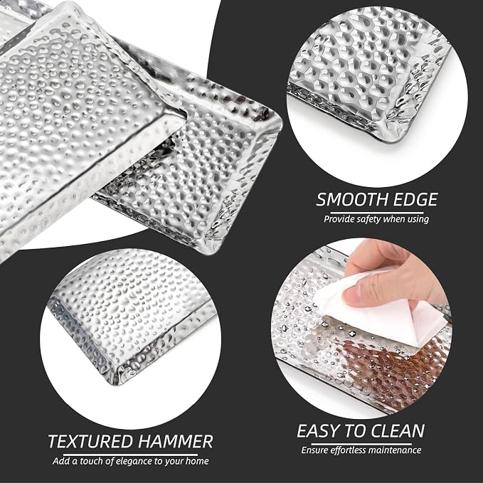 4 Pcs Hammered Silver Tray, Small Stainless Steel Appetizer Platter | 9.8 Inch - Image 4