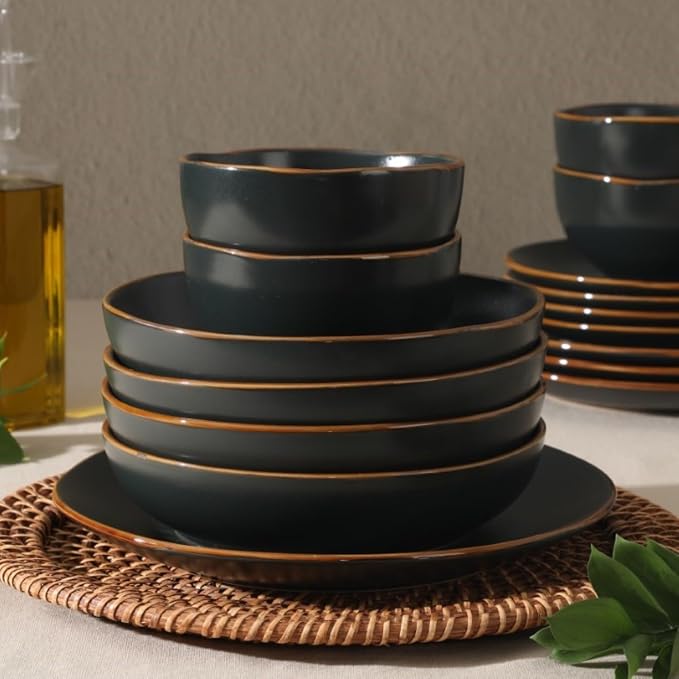 Gibson Home Hazeltine 16-Piece Black Stoneware Dinnerware Set – Plates and Bowls - Image 4