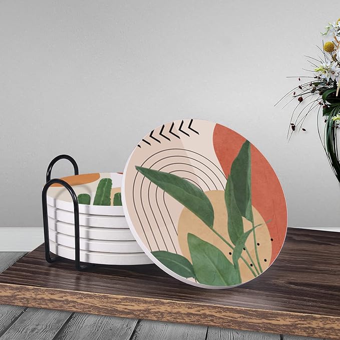 HUXJOKO Coasters for Drinks Set of 6, Modern Boho Tropical Leaves Absorbent - Image 3