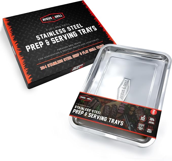 AVIEUS Grill Prep and Serving Trays | Set of 2 Stackable Stainless Steel Trays - Image 7