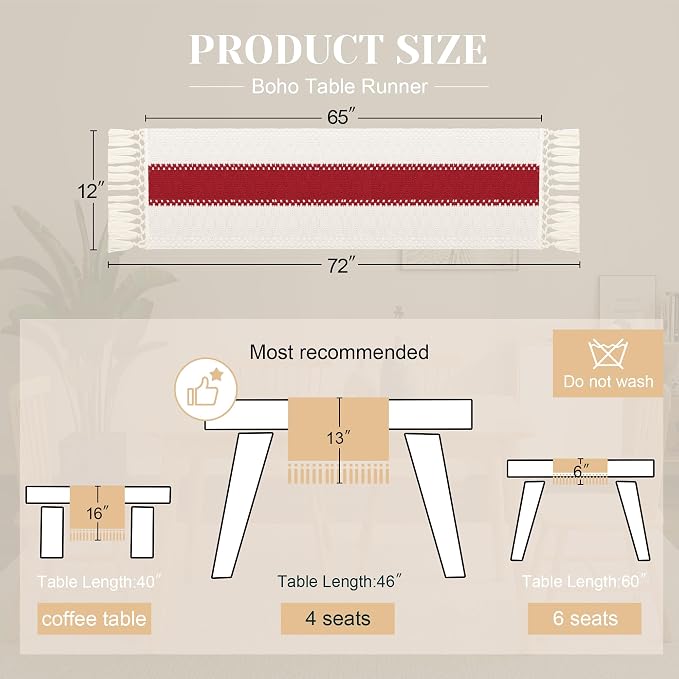 Boho Table Runner for Home Decor 12x72 Red Fall Coffee Table Decor | 72 Inches - Image 3