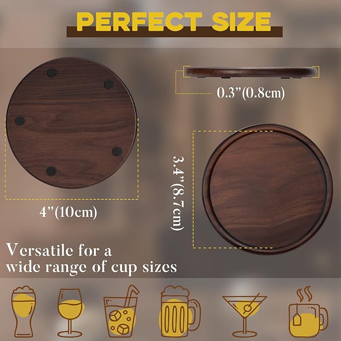 Wood Coasters with Holder, GOH DODD Set of 8 Walnut Wooden Coaster Tabletop - Image 6