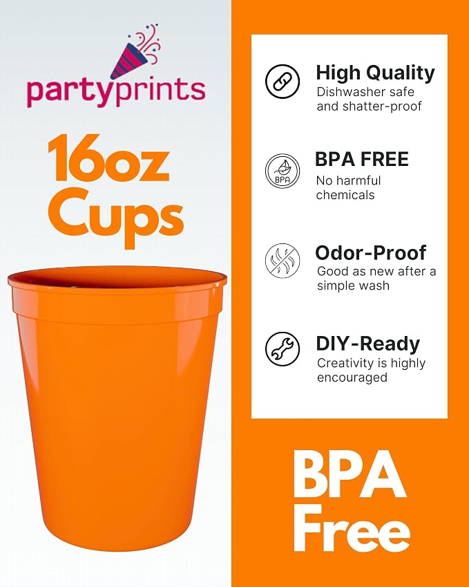 PartyPrints 10 Pack 16 oz Orange Reusable Blank Plastic Cups, Stadium Cups Bulk - Image 2