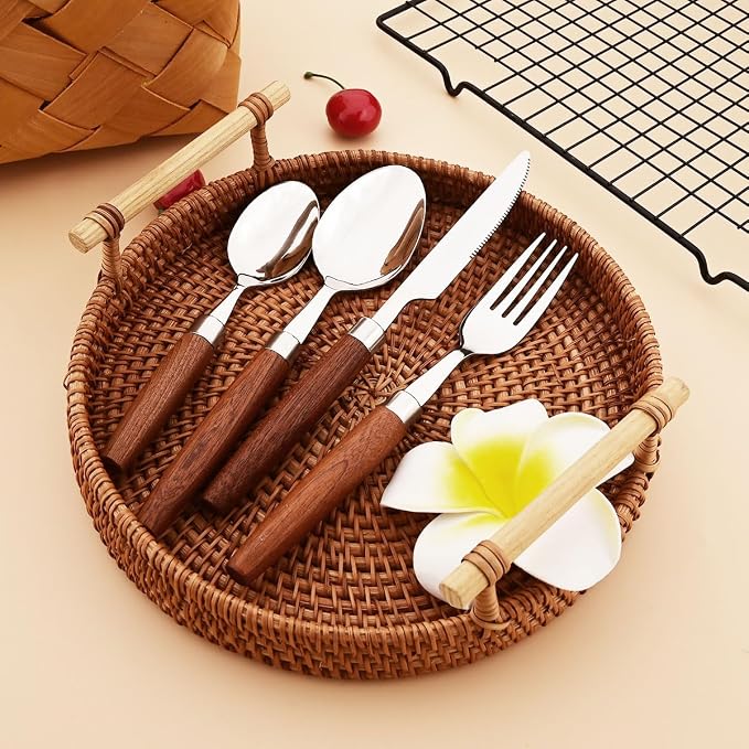 16-Piece Wooden Handle Silverware Set, BRIIEC 304 Stainless Steel Flatware Set - Image 7