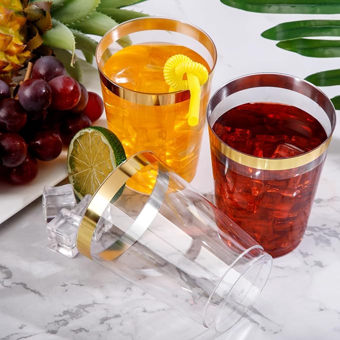 DaYammi 200 Pack Gold Plastic Cups 10 Oz Clear Cup Gold Rimmed Disposable Wine - Image 3