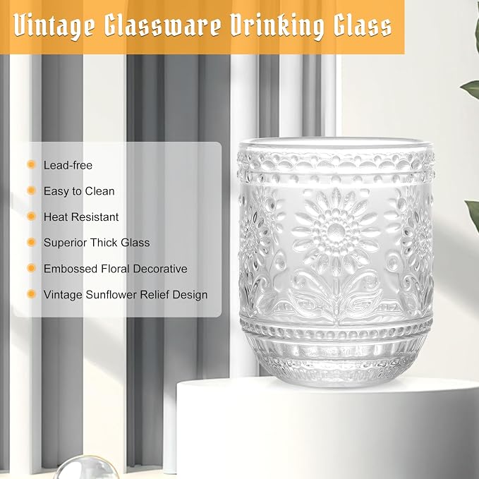 Topsky Vintage Drinking Glass Set of 4, 12 oz Embossed Floral Drinkware Set - Image 5